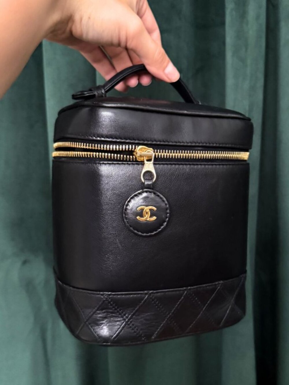 CHANEL 1991 Vintage Vanity Case Handbag 24k Gold + Black Leather Calfskin